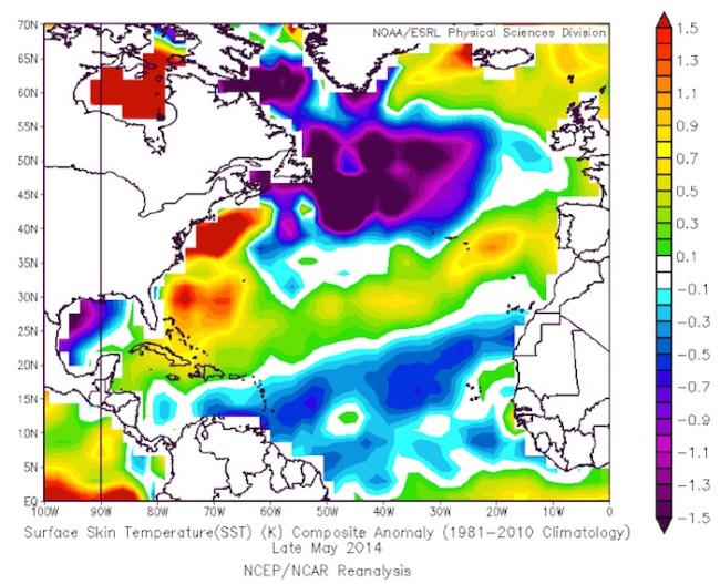Atlantic Sea Surface Temperature Variation, May 2014