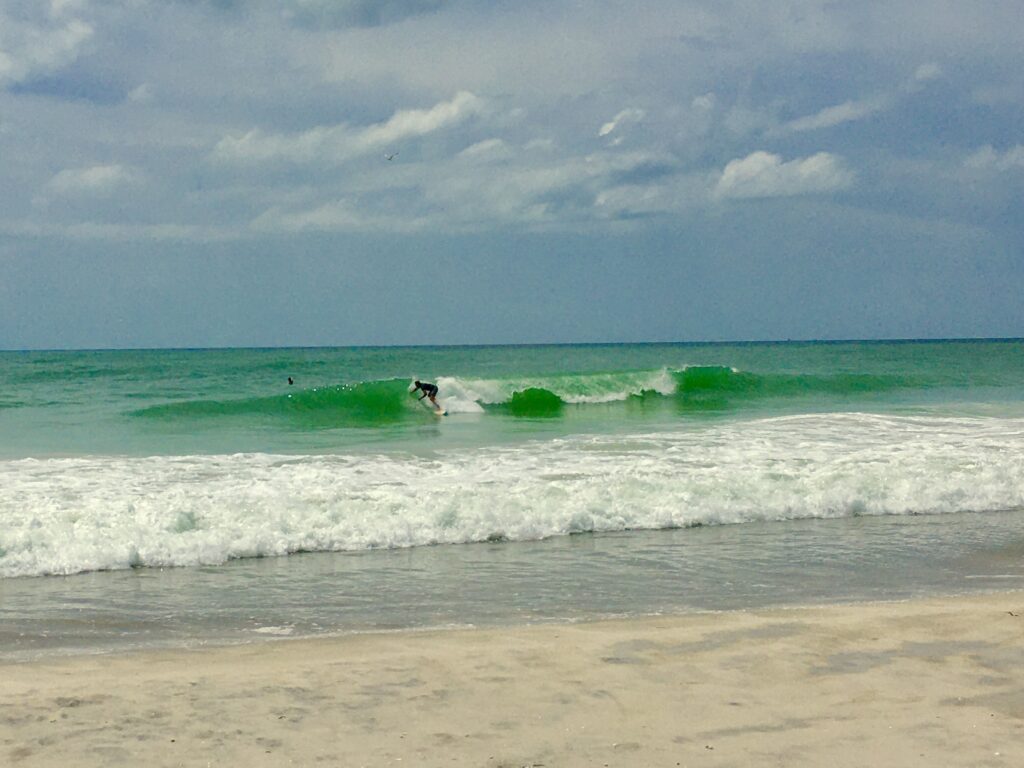 Holmes Beach, Anna Maria Island, Florida. Small surf as Tropical Storm Marco crosses Gulf of Mexico to Louisiana.